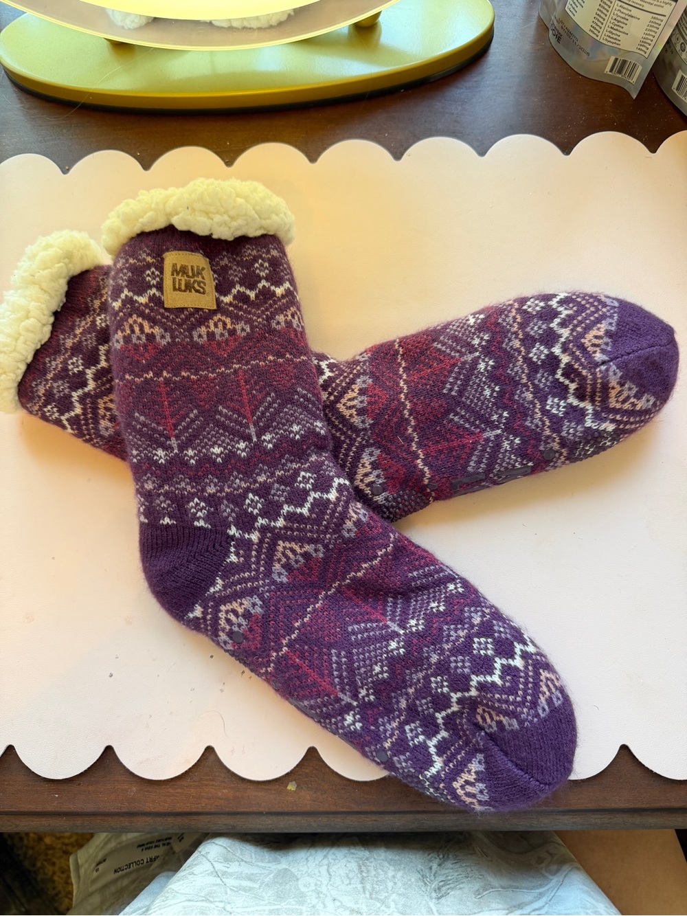 Muk Luks Purple Patterned Sherpa-Lined Cabin Socks